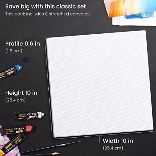 ARTEZA Canvases for Painting, 10 x 10 Inches, Pack of 8, Stretched Canvas, 100% Cotton Primed Blank Paint Canvas, Square Canvas Boards for Acrylic, ARTEZA