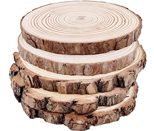 Natural Round Discs Rustic Wood Slices 5 Pcs 7-8 inch Unfinished Wood kit Circles Crafts Tree Slices with Bark Log Discs for DIY Arts and Wedding William Craft
