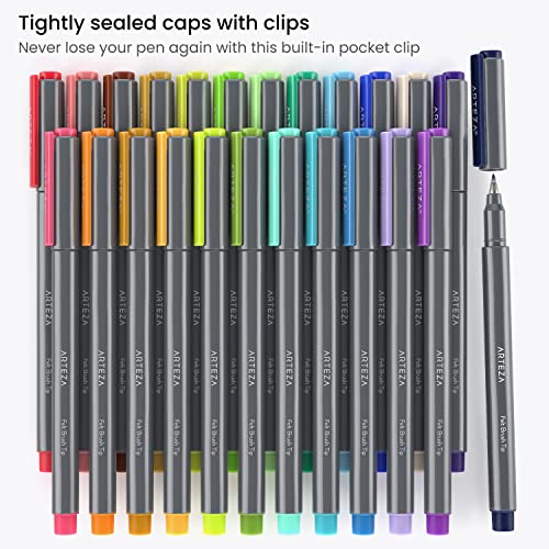 ARTEZA Felt Tip Pens, Set of 24 Landscape Brush Tip Calligraphy Pens for Note Taking, Sketching, Cross-Hatching, Outlining, Dye-Based Ink, Smear-Free ARTEZA