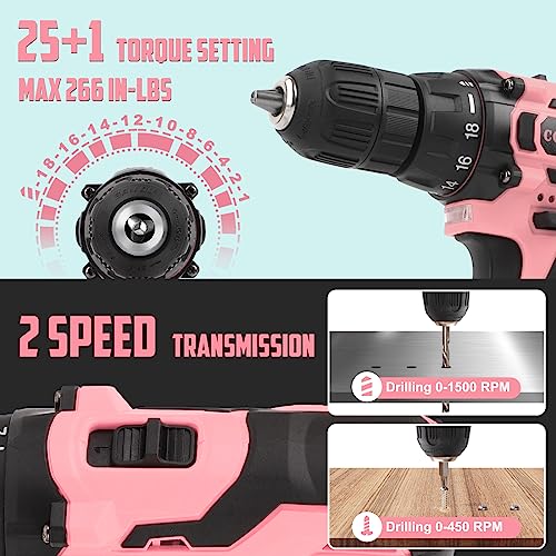 COMOWARE 12V Pink Cordless Drill Driver and Home Tool Kit, Pink Drill Set for Women, Lady's Home Repairing Tool Kit with Power Drill, Large-Capacity COMOWARE