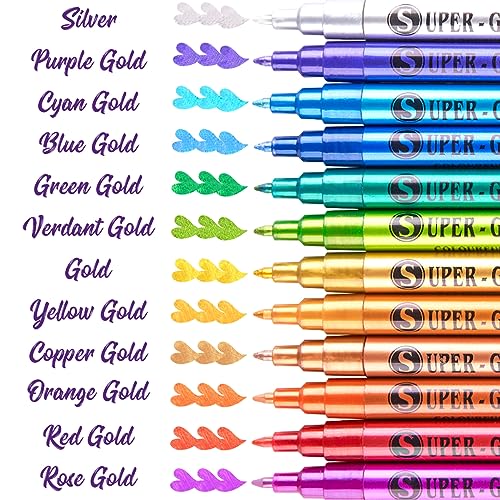 LIGHTWISH Metallic Paint Pens Glitter Markers,Sparkle Ultra Fine Point 0.7mm Acrylic Paint Markers,Super Golden Metallic Markers for Black Paper LIGHTWISH