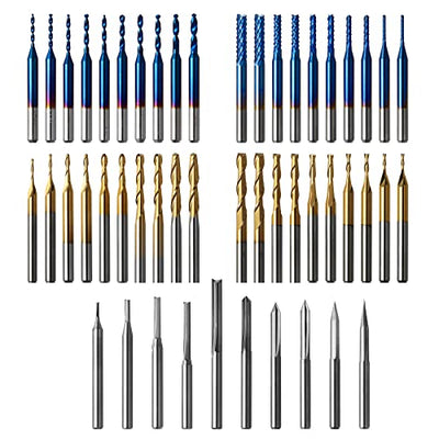 Genmitsu 50pcs Tungsten Carbide End Mill Router Bits, 1/8'' Shank CNC Bit Set Including 2-Flute Straight Bit, Flat Nose & Ball Nose End Mill, PCB
