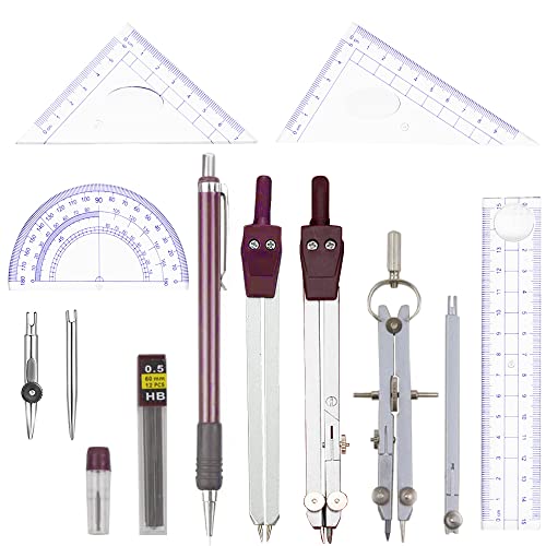 Metal Geometry Kit Set, 13PCS Math Compass and Protractors Geometry Drawing Tool Precision Set Graphic Compasses Triangle Rulers Pencils Protractor Ysglory