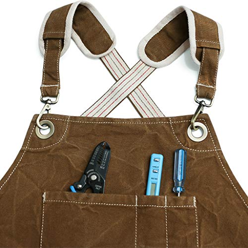 Jeanerlor Waxed Canvas Work Apron for Women with 11 Pockets Water-Resistant Tool Apron Smart Cross-Back Straps Design Adjustable S-M (Coffee) Jeanerlor