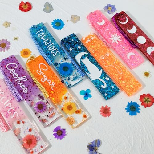 LET'S RESIN Bookmark Resin Molds Silicone 1.5'' Wide, Blank and Cat Moon Pattern Silicone Bookmark Molds Kit with 20pcs Tassels, Rectangle Bookmark LET'S RESIN