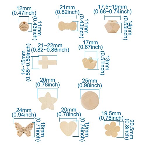 Beadthoven 100pcs 10 Shapes Natural Unfinished Wood Spacer Beads Assorted Wooden Loose Beads for DIY Jewelry Making Bracelet Keychain Home Favor BB Beadthoven