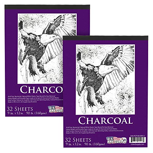 US Art Supply 9 in. x 12 in. Premium Heavy-Weight Charcoal Paper Pad, 160gsm, 90 Pound, 30 Sheets (Pack of 2)