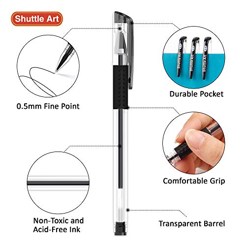 Shuttle Art Black Gel Pens, 100 Pack Fine Point Black Ink Pens Bulk, 0.5mm Rollerball Gel Ink Pens Smooth Writing with Comfortable Grip for Office, Shuttle Art