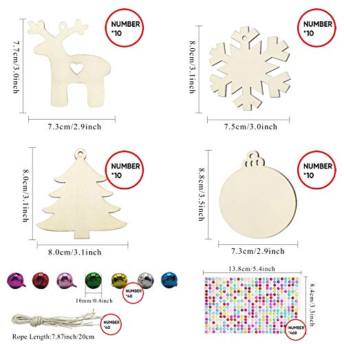 Hidreas 40 Pcs Wooden Ornaments Unfinished Christmas DIY Ornaments Craft Kit, Christmas Wood Ornaments with Bells, Wax Rope and Rhinestone Stickers Hidreas