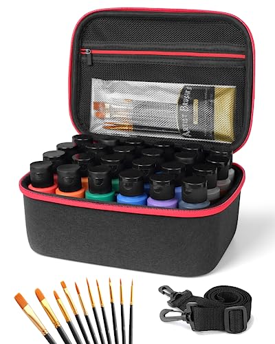 Carrying Case for Apple Barrel Acrylic Paint with 10 Acrylic Paint Brushes  Paint Bottle Organizer Storage for 24 Bottles of 2 oz Acrylic Paint Supplies  Sets Hard Shell Travel Case (CASE 