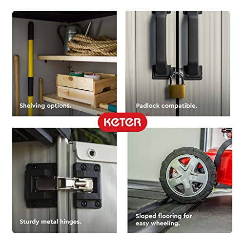 Keter Premier Tall 4.6 x 5.6 ft. Resin Outdoor Storage Shed with Shelving Brackets for Patio Furniture, Pool Accessories, and Bikes, Grey & Black Keter