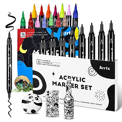 Bundle of Arrtx Acrylic Paint Pens, 40PCS, Including 32 Colors (Dual Tip) Paint Markers for Rock Painting,Water Based Acrylic Painting Supplies for