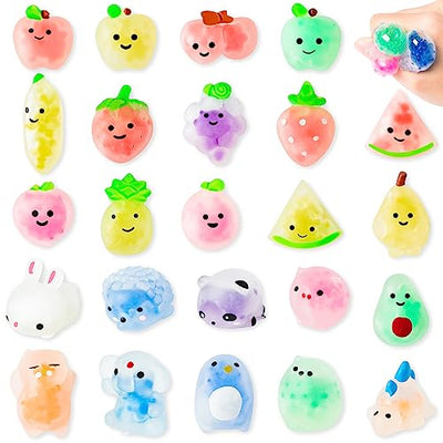 WATINC 24pcs Mini Squeeze Stress Balls, Fruit Animal Fidget Toys Party Favors for Kids, Sensory Stress Relief Squeeze Toy with Water Beads, Cute