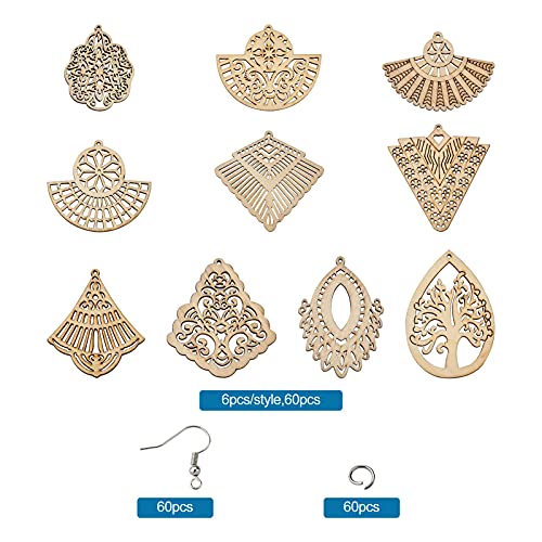 60Pcs Unfinished Wooden Burlywood Dangle Earrings Kit 10 Styles Natural Wood Big Charms with Jump Rings and Earring Hooks for Jewelry Craft Making PH PandaHall