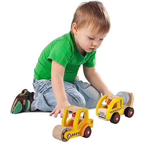 Wooden Push Car Toys for Infants 12-18 Months, 2 Pcs Baby Vehicle Toys Hand Push Car Toys for 1 2 Year Old Boys Girls (Cement Truck + Road Roller KIDS TOYLAND