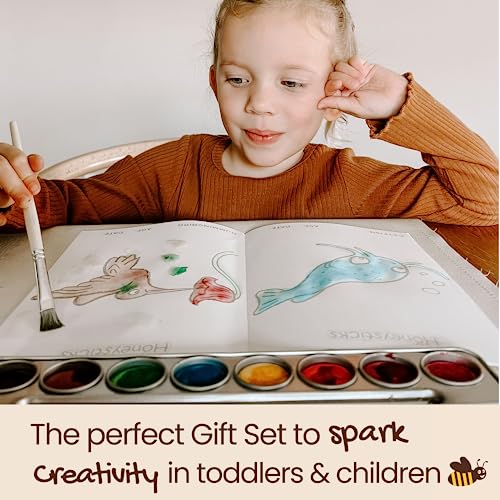Honeysticks Non Toxic Watercolor Paint Set for Kids and Toddlers - 8 Vibrant and Long Lasting Colors with Brush - Natural and Food Grade Ingredients Honeysticks