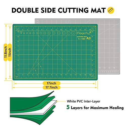 Magicfly Rotary Cutter Set, 45mm and 28mm Fabric Cutters Kit with Extra 10 Blades, A3 Double-Sided Self Healing Cutting Mat, 12x6 Inch Quilting Ruler Magicfly