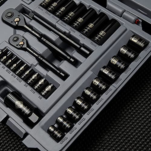 STANLEY Mechanics Tool Set, SAE, 1/4 in. & 3/8 in Drive, 69 Piece, Black Chrome (92-824) Stanley