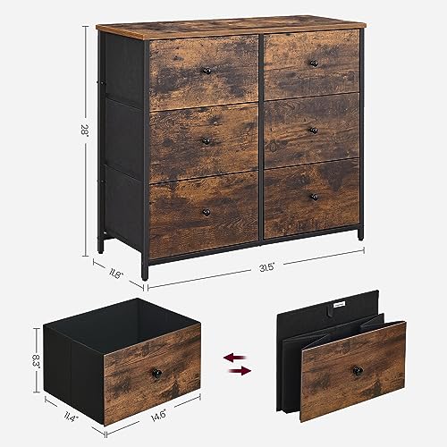 SONGMICS Dresser for Bedroom, Chest of Drawers, 6 Drawer Dresser, Closet Fabric Dresser with Metal Frame, Wooden Top and Front, Brown and Black SONGMICS