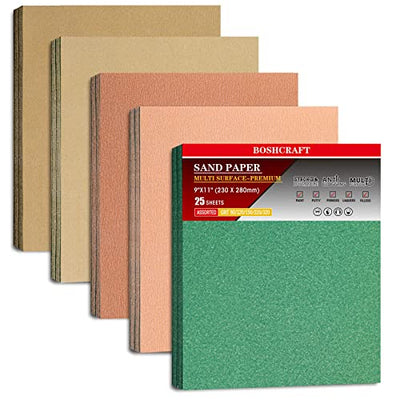 BOSHCRAFT 25 PCS Sandpaper, Sandpaper Assortment Sandpaper for Wood Metal Furniture Hand Sander Sand Paper 80/120/150/220/320 Grit Sandpaper Sheets