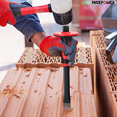 MAXPOWER 3PCS Masonry Chisel Set, 11 inch Point Chisel and Flat Chisel, 8 inch Brick Chisel, Tile Chisel Concrete Chisel with Thickness Hand Guard MAXPOWER