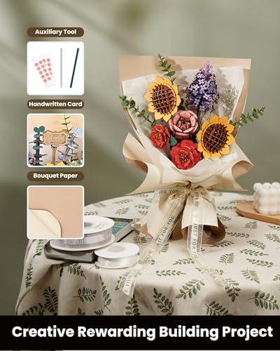 3D Wooden Puzzles Flower Bouquet Model Kit Building Set For Adults, Wooden Flowers Building Toy Botanical Collection, Creative Gift Ideas for Home Wowood