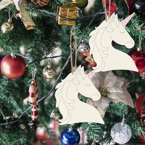 Unicorn Head Hanging Wood Animal Head Shape Unfinished Wood with Twines Unicorn Shape DIY Craft Ornament for Christmas Wedding Birthday Birthday Lamantery
