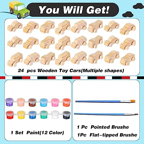 Lenwen 24 Pcs Wood DIY Car Toys for Party Unfinished Wooden Cars, Wooden Toy Cars Wooden Crafts with 12 Color Acrylic Paint for Students Girls Boys Lenwen
