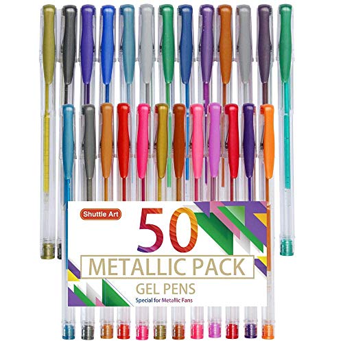 Shuttle Art 50 Pack Metallic Gel Pens, 25 Metallic Gel Pens Set with 25 Refills Perfect for Adult Coloring Books Doodling Drawing Art Markers Shuttle Art