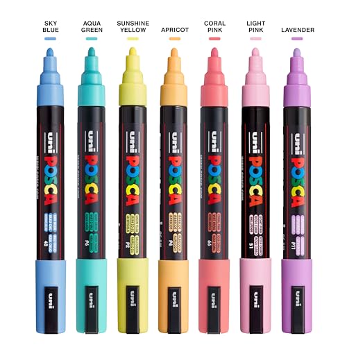 7 Pastel Posca Paint Markers, 5M Medium Posca Markers with Reversible Tips, Acrylic Paint Pens | Posca Pens for Art Supplies, Fabric Paint, Fabric uni