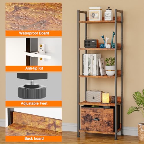 Furologee Rustic Brown 5-Tier Narrow Bookshelf with Drawer – Industrial Wood and Metal Storage Organizer Furologee