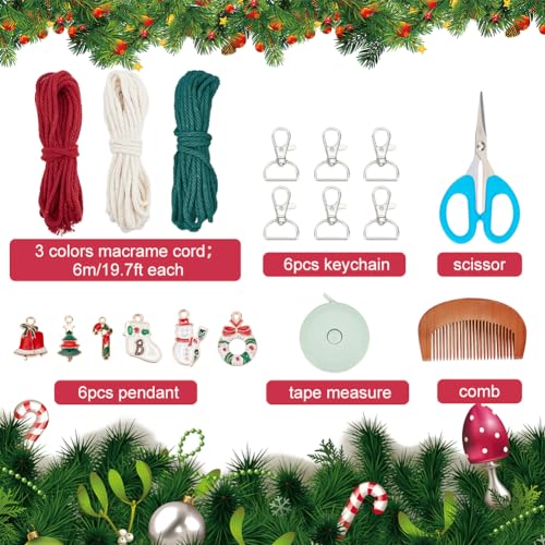 INFUNLY 6 Sets Christmas Macrame Keychain Kit for Adults DIY Macrame Wristlet Kits Macrame Keychain with Tassels DIY Christmas Gift for Family with INFUNLY