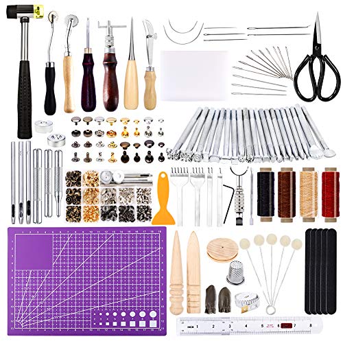 183Pcs Leather kit, Leather Working Tools Kit with Saddle Making Tools Set, Leather Rivets Kit, Prong Punch, Leather Hammer for Leather Working, Mayboos