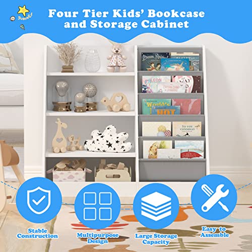 White 4-Tier Kids Wooden Bookshelf with Five Sling Pockets for Toys and Books Storage HedoAjim