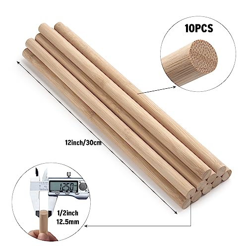 Wooden Dowel Dods Wood Dowels, 10PCS 1/2 x 12" Natural Round Bamboo Sticks for Crafting, Macrame Dowel, Unfinished Hardwood Sticks for Crafts, Coowayze