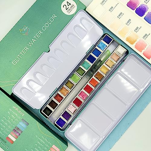Art Whale Metallic Watercolor 24 Colors in Half-Pans with Waterbrush - Highly Pigmented Tin Box for Painters, Professionals, Beginners, Hobbyists
