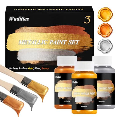 Wadities Acrylic Paint Metallic, 3pcs 125g Gold & Silver & Bronze, Gold Leaf Paint for Art Painting, Ideal for Canvas, Wood, Clay, Fabric, Ceramic,