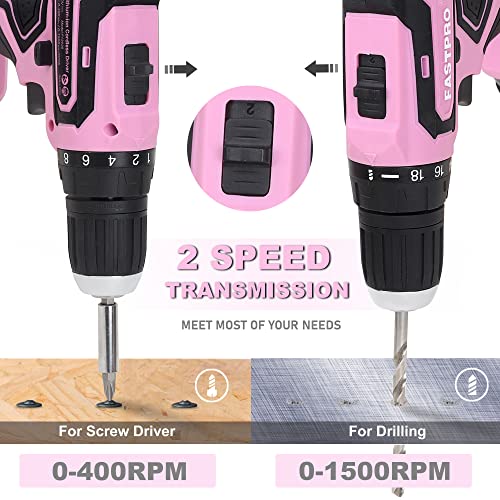 FASTPRO Pink Drill Set—20V Max Lithium-ion Cordless Drill Driver Set, 3/8 in. Drill Driver kit with One 1.5 Ah Batteries, Charger and Tool Bag FASTPRO
