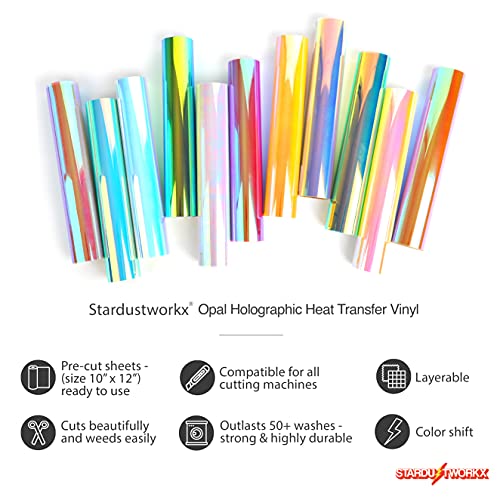 Stardustworkx Opal Holographic Heat Transfer Vinyl 11 Pack Holographic Iron on Vinyl Rainbow Vinyl Glitter HTV Metallic HTV Sheets Chameleon Stardustworkx