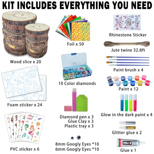 atydkug Kids Wooden Painting Kit - Glow in The Dark Foil Arts & Crafts Gifts for Boys Girls Ages 5-12 Wood Slices with Gem Painting Sets, Creative atydkug