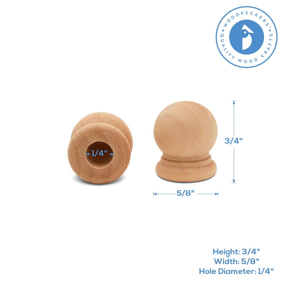 Wood Finials, 3/4 Inch Tall with 1/4 Inch Hole, Unfinished Wood Finials for 1/4 Inch Dowel Rods, Wood Dowel Caps for Crafts and DIY, Pack of 24 by Woodpeckers