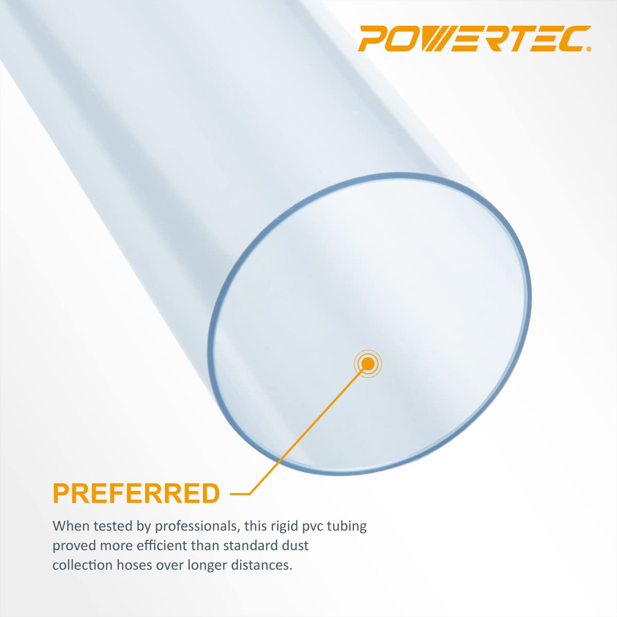POWERTEC 70176V Clear PVC Pipe 2-1/2" x 36" Long, 1PK, Rigid Plastic Tubing for Dust Collection Hose & Fittings POWERTEC