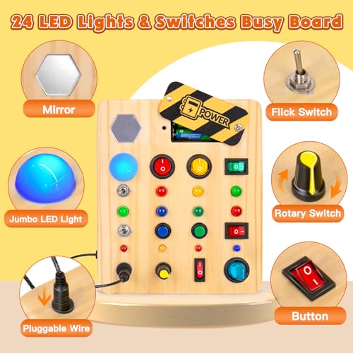 TINTECUSA Busy Board Montessori Toys for Toddler, Wooden Sensory Board Switch Toy with Shape Sorter LED Light Up Toys Educational Plane Travel TINTECUSA