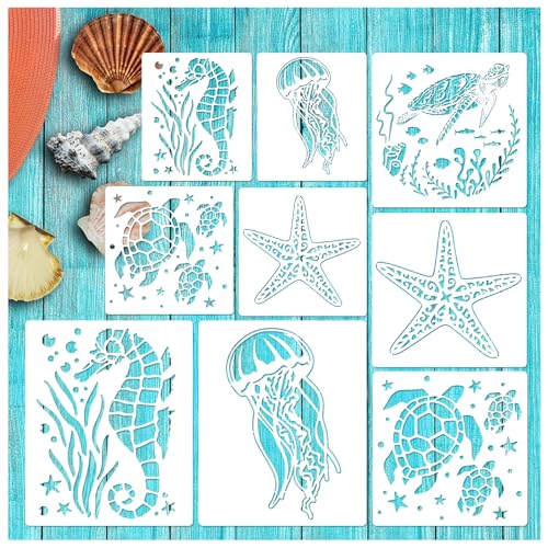 Ocean Stencils for Painting On Wood Turtle Seahorse Starfish Jellyfish Templates for Art Crafts Plastic Reusable Wood Burning Stencils for Wall Pkqon