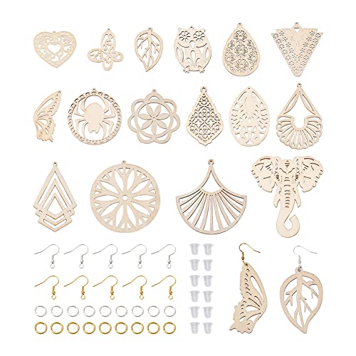32pcs Wooden Earring Charms Unfinished Natural Wood Filigree Pendants in Butterfly Teardrop Flower Leaf Elephant Heart Shape with Ear Hooks & Ear EEE ELECRELIVE