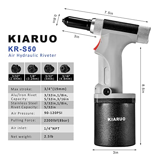 KIARUO Pneumatic Rivet Gun 3/16" 5/32" 1/8" 3/32",KR-S50 with 1 Set of Extra Jaws, Air Hydraulic Riveter Tool kit for Aluminium, Steel and Stainless KIARUO