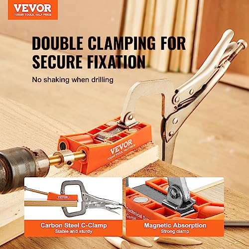 VEVOR Pocket Hole Jig, 56 Pcs Mini Jig Pocket Hole System with 9" C-clamp, Step Drill, Wrench, Drill Stop Ring, Square Drive Bit, and Screws, for DIY VEVOR