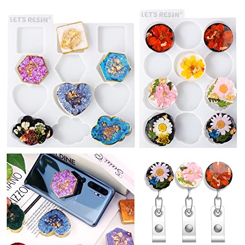 LET'S RESIN 2Pcs Resin Mold, 24 Cavities Badge Reel Molds for Resin, Phone Grip Mold for UV Resin,Epoxy Resin,Casting Molds for DIY Resin Keychain LET'S RESIN