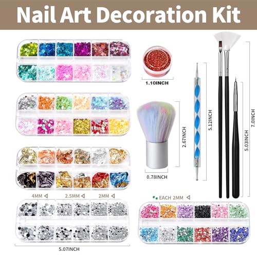 FANDAMEI Nail Art Brush, Nail Design Tools Kit with Nail Art Brushes, Nail Dotting Tools,Fine Glitter,Nail Butterfly, Nail Heart Sequins, Foil Fandamei
