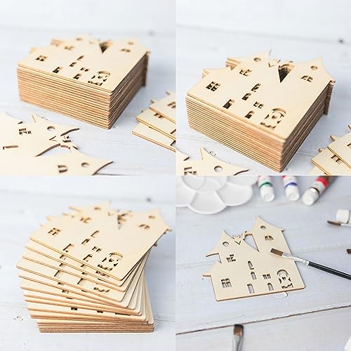Halloween Blank Spook House Wood Haunted House Wood Ghost Wooden with Twines Art Unfinished Ornaments for Christmas Wedding Birthday Party Halloween Zontween